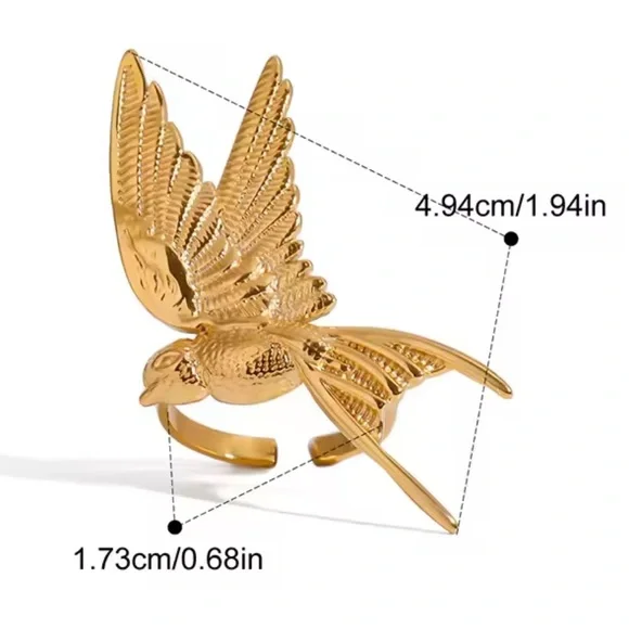 Swallow Peace Bird 18k Gold Stainless Steel Ring, Earrings, Necklace Set - Picture 16 of 17